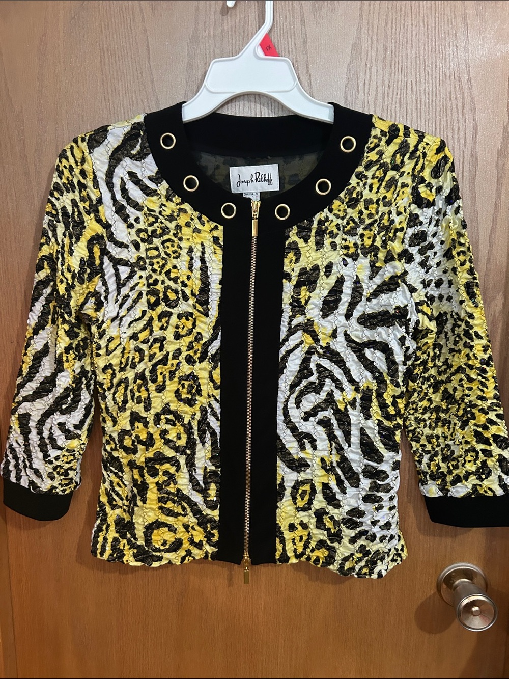 Joseph Ribkoff Yellow Black White Animal-Print Zip Jacket